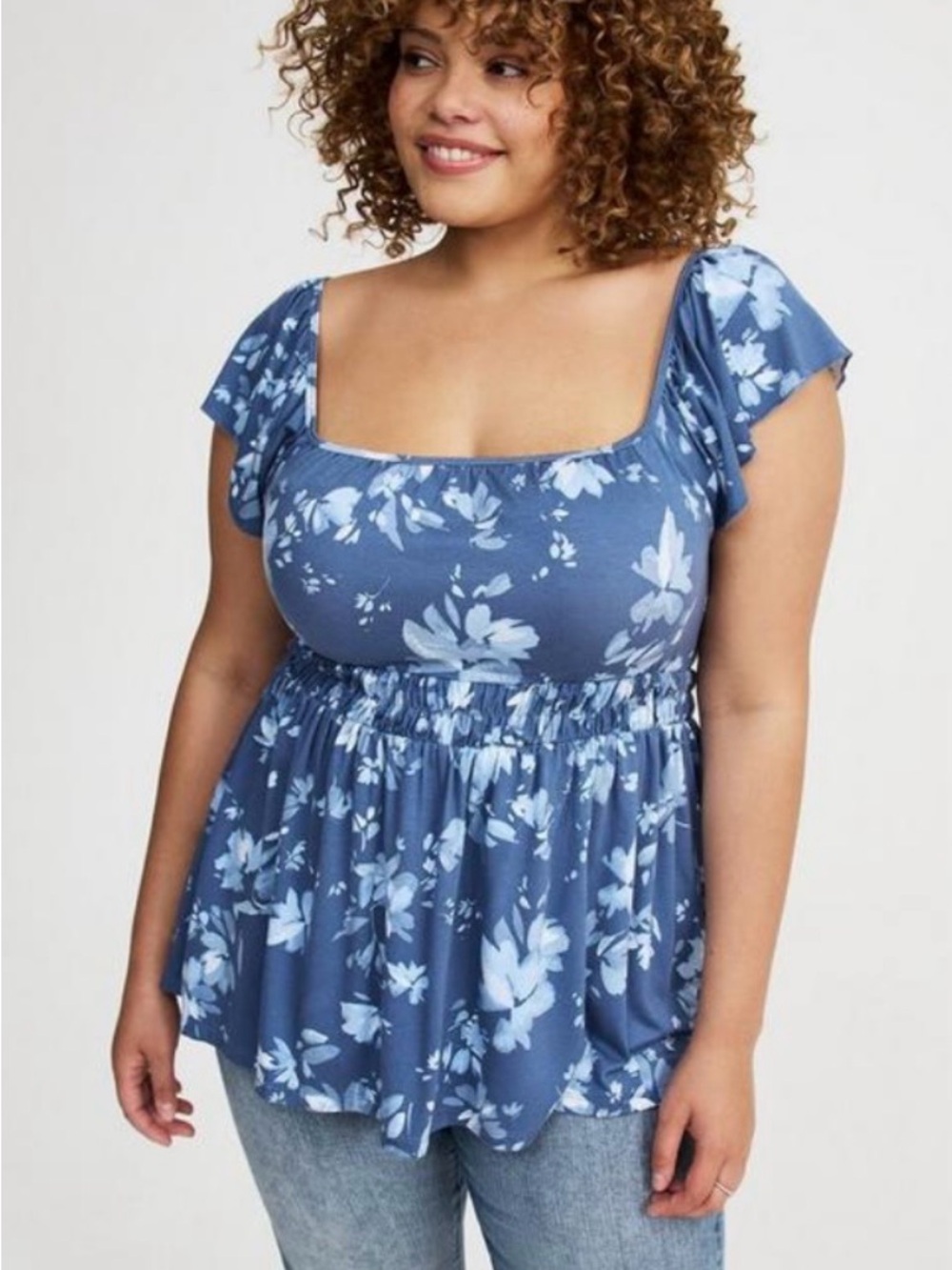 torrid Blue Floral Square-Neck Peplum Blouse